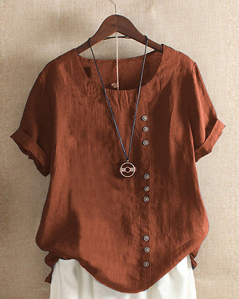 Classic Plain T-shirt with Short Sleeves and Round Neck - Emma-Brown-S-The Livary