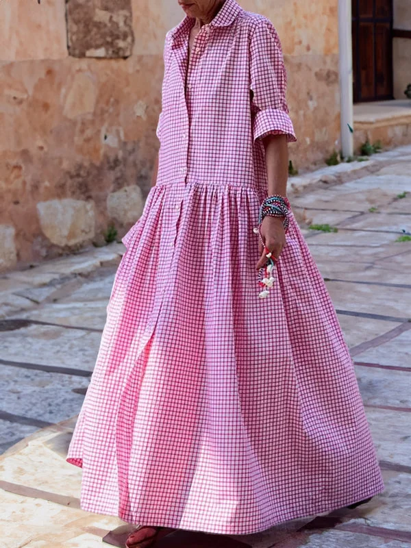 Casual Checked Swing Dress with Long Sleeves - Sofie