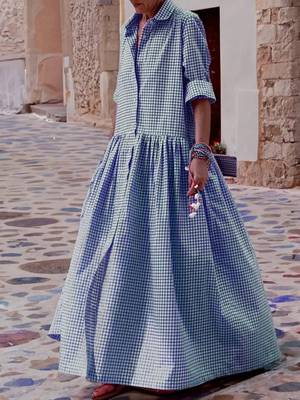 Casual Checked Swing Dress with Long Sleeves - Sofie