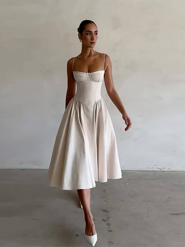Elegant midi evening dress with pleated hem – Amara-Cream-S-The Livary