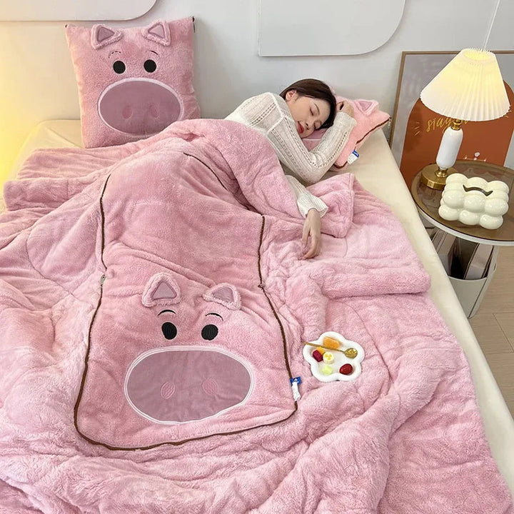 Luxury Cartoon Blanket and Cushion Set - Nomi-Piglet-Single (105x145cm)-The Livary