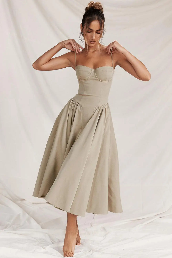 Elegant midi evening dress with pleated hem – Amara-Cream-S-The Livary