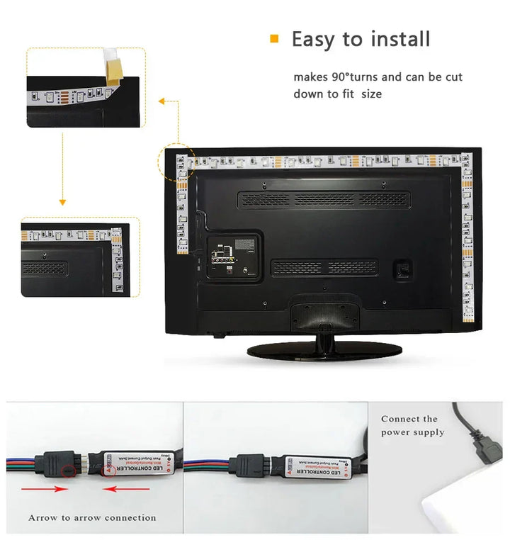 USB LED STRIP WITH COLOUR CHANGING - RGB LIGHT FOR ROOM DECORATION & TV BACKLIGHTING-3-button controller-1m-The Livary