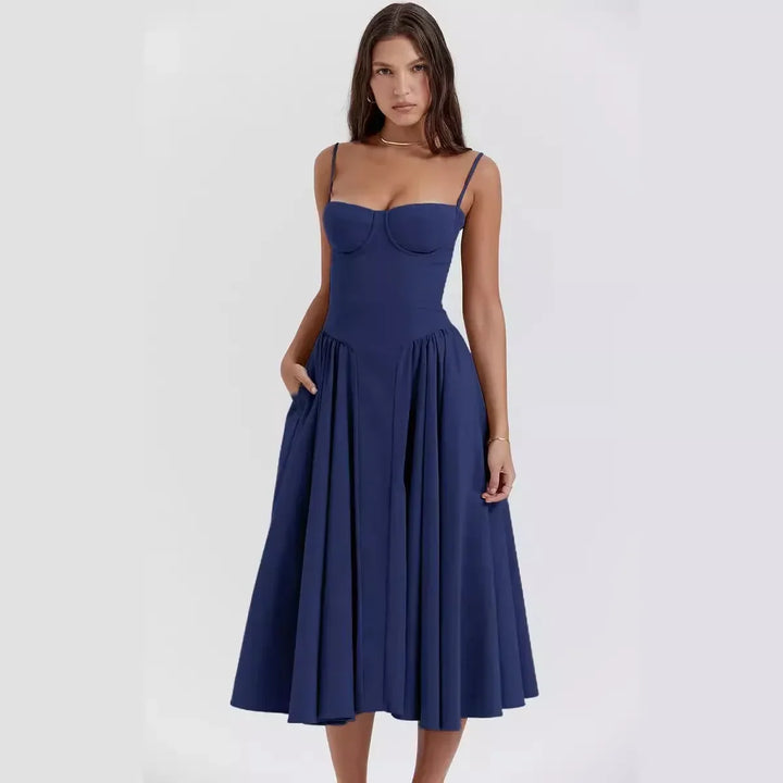 Elegant midi evening dress with pleated hem – Amara-Dark blue-S-The Livary