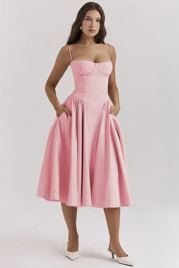 Elegant midi evening dress with pleated hem – Amara-Pink-S-The Livary