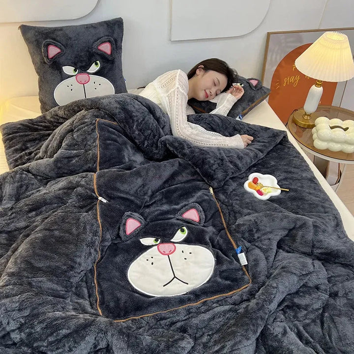 Luxury Cartoon Blanket and Cushion Set - Nomi-Cat-Single (105x145cm)-The Livary