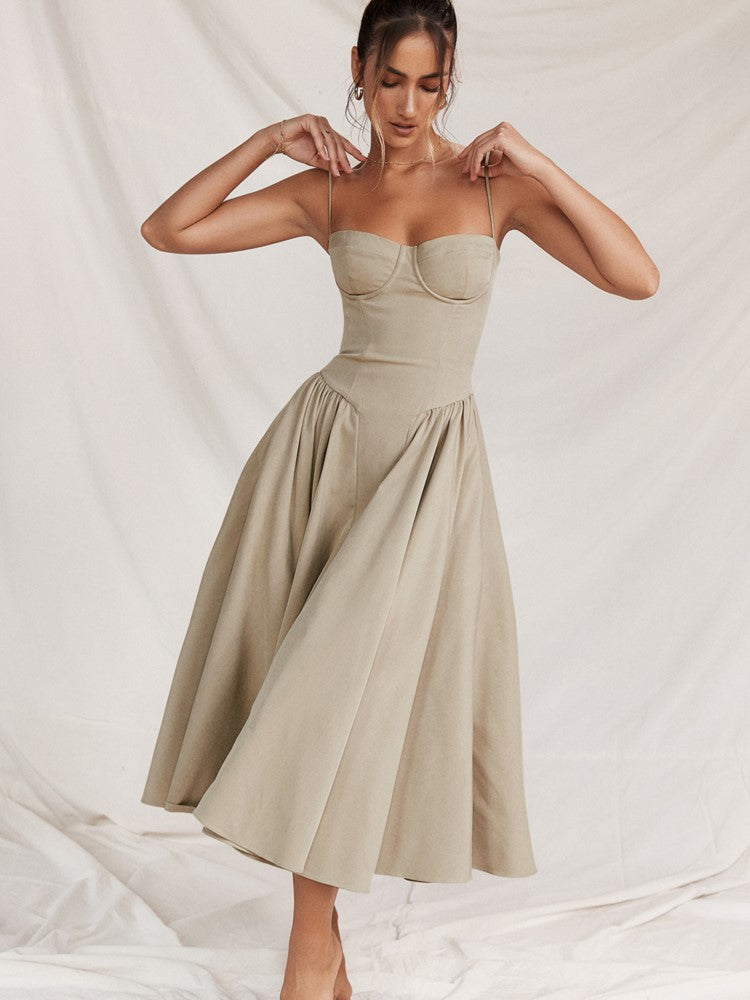 Elegant midi evening dress with pleated hem – Amara-Cream-S-The Livary