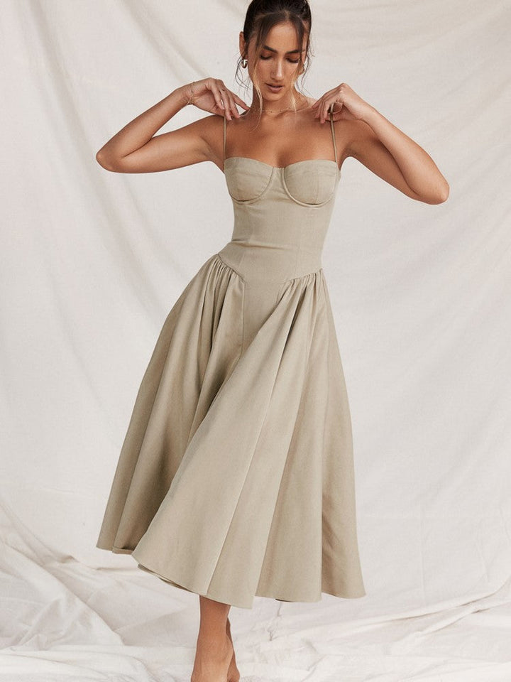 Elegant midi evening dress with pleated hem – Amara-Cream-S-The Livary