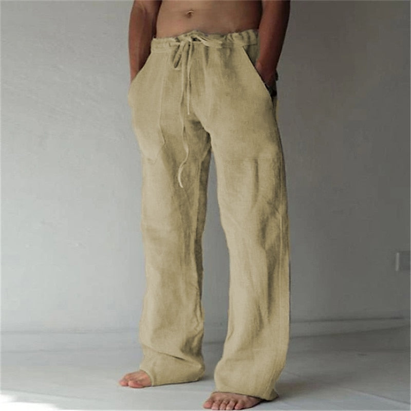 Casual men's linen trousers with a wide cut for summer – Elias-Khaki-S-The Livary
