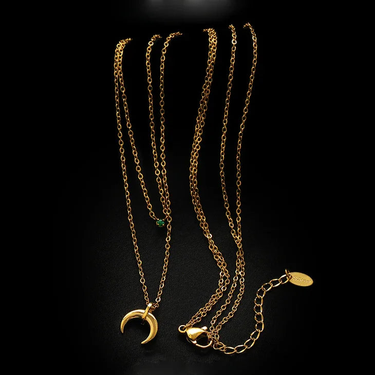 Green Diamond Double Crescent Moon Necklace - Selina-The Livary