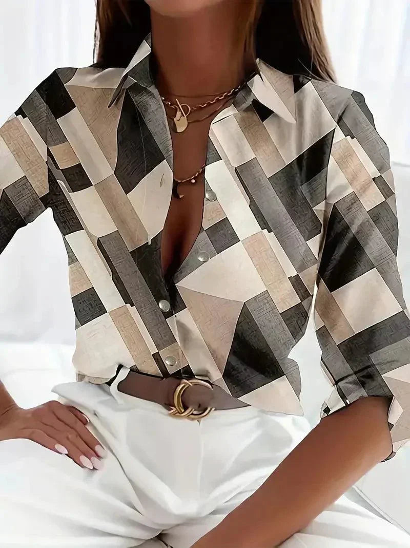 Trendy women's blouse with abstract pattern and button placket – Marlene-Apricot-XS-The Livary