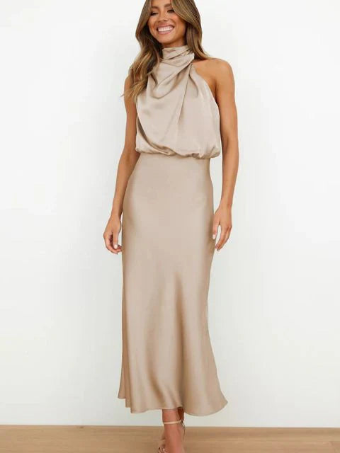 Stylish women's evening dress with a high neck made of satin for summer events – Elina-Beige-S-The Livary
