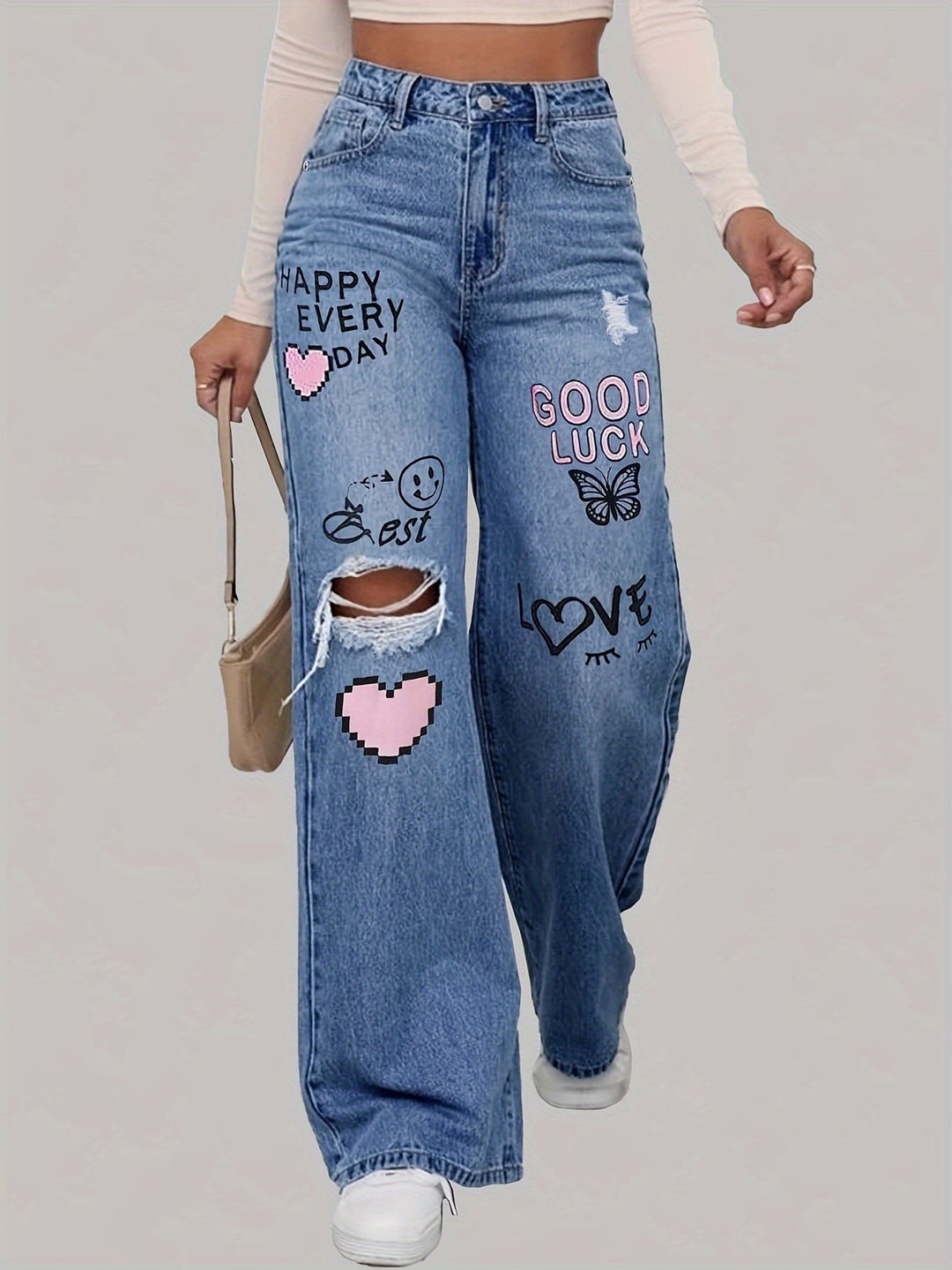 Ladies Jeans with Hearts and Graffiti Print - Lotte-XS-Medium Blue-The Livary
