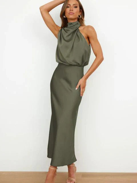 Stylish women's evening dress with a high neck made of satin for summer events – Elina-Green-S-The Livary