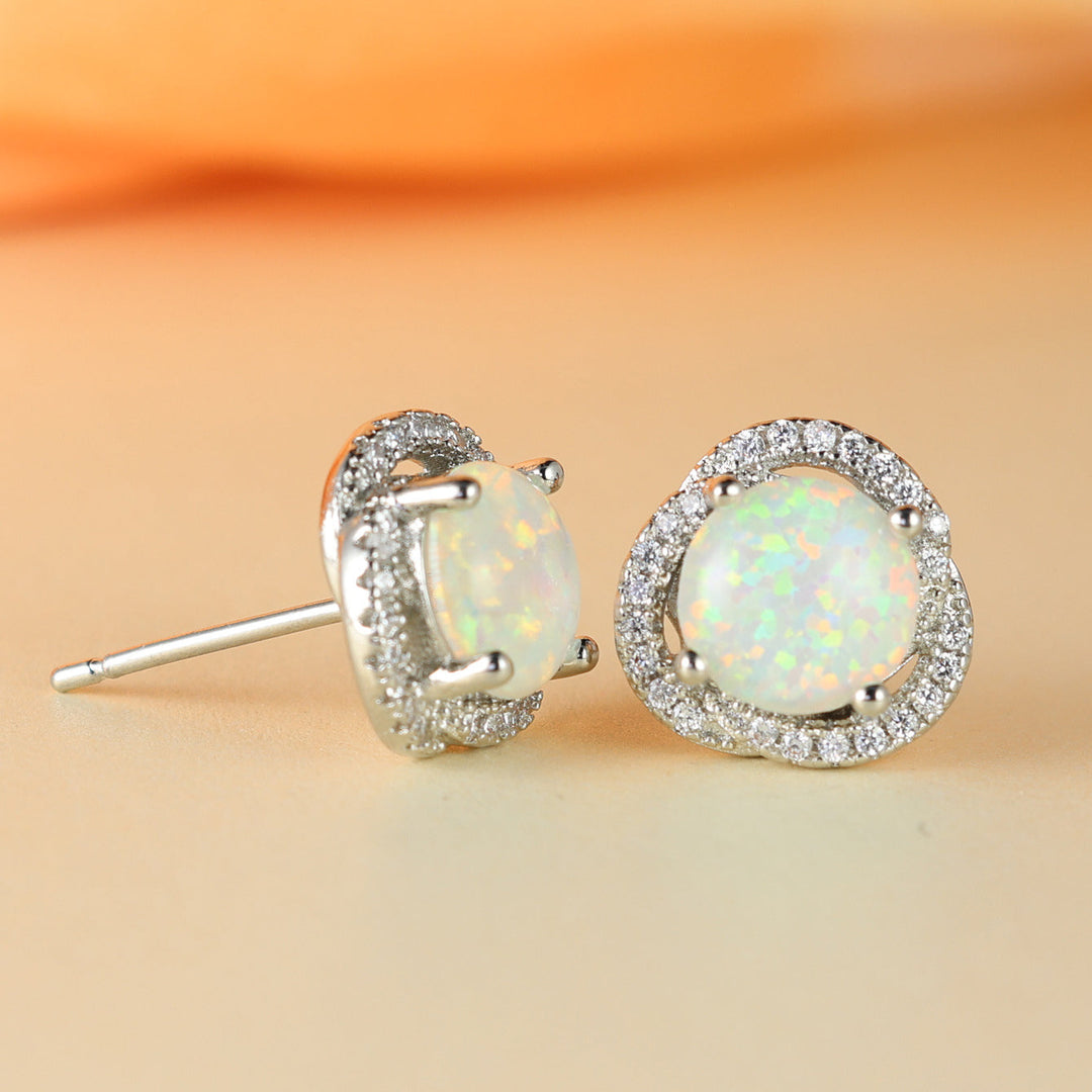 White Opal & Zircon Clover Leaf Earrings - Elara-Blue Opal and Rose Gold-The Livary