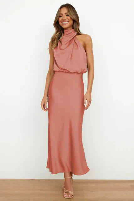 Stylish women's evening dress with a high neck made of satin for summer events – Elina-Pink-S-The Livary