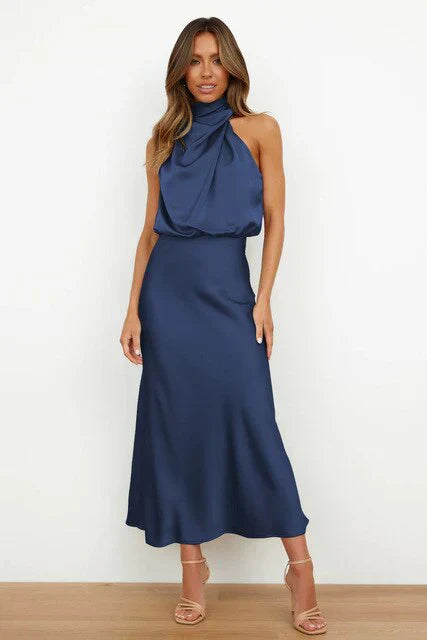 Stylish women's evening dress with a high neck made of satin for summer events – Elina-Blue-S-The Livary