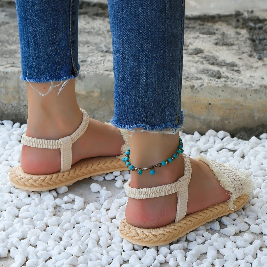 Trendy tassel sandals with low heel – Juliet-Beige-3.5-The Livary