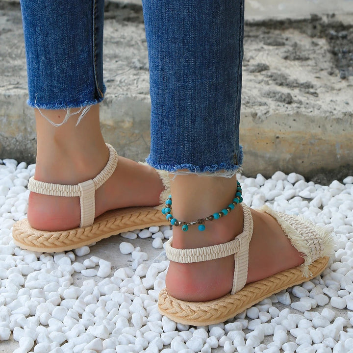 Trendy tassel sandals with low heel – Juliet-Beige-3.5-The Livary