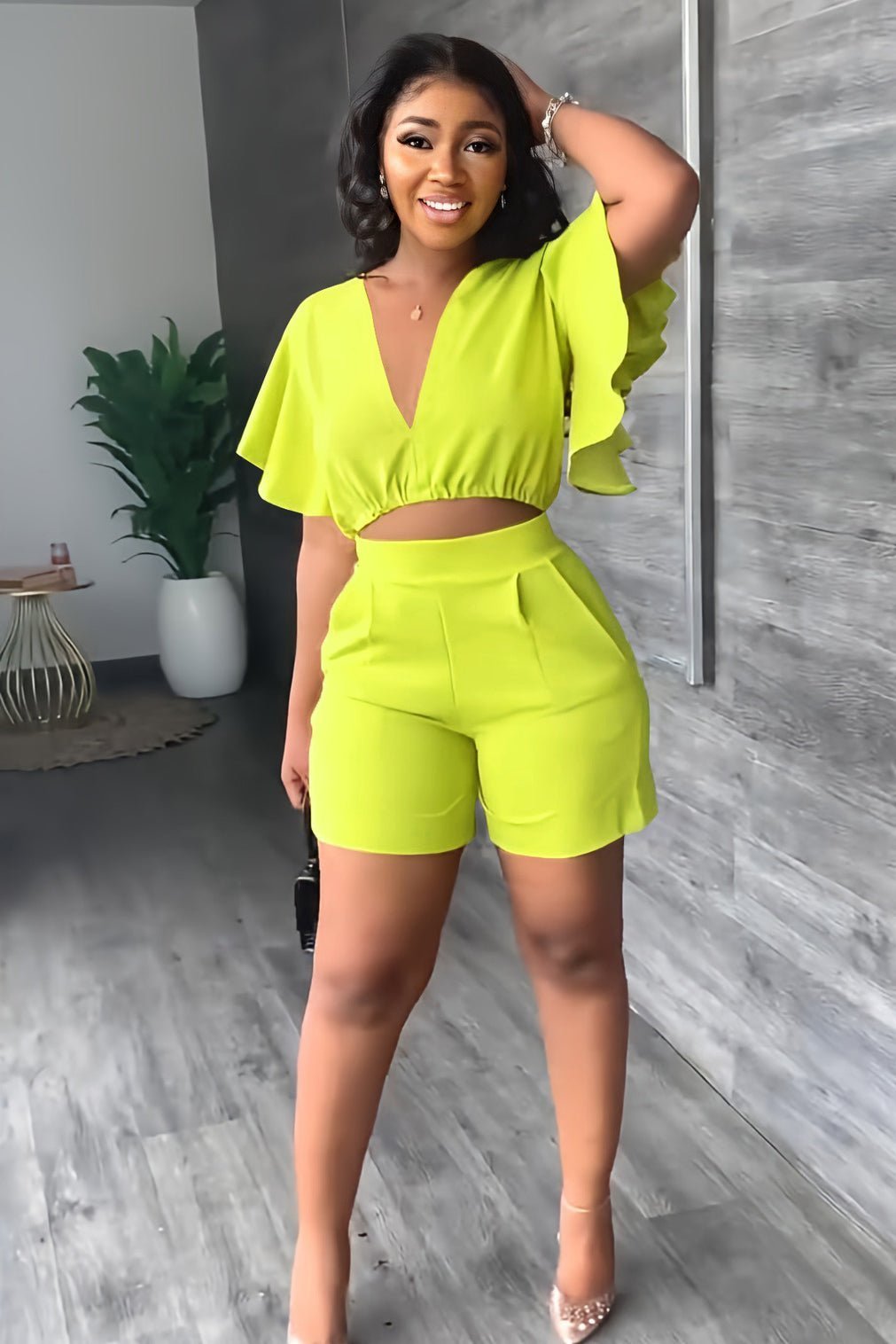 Trendy summer two-piece set with pleated design – Marlene-Green-S-The Livary