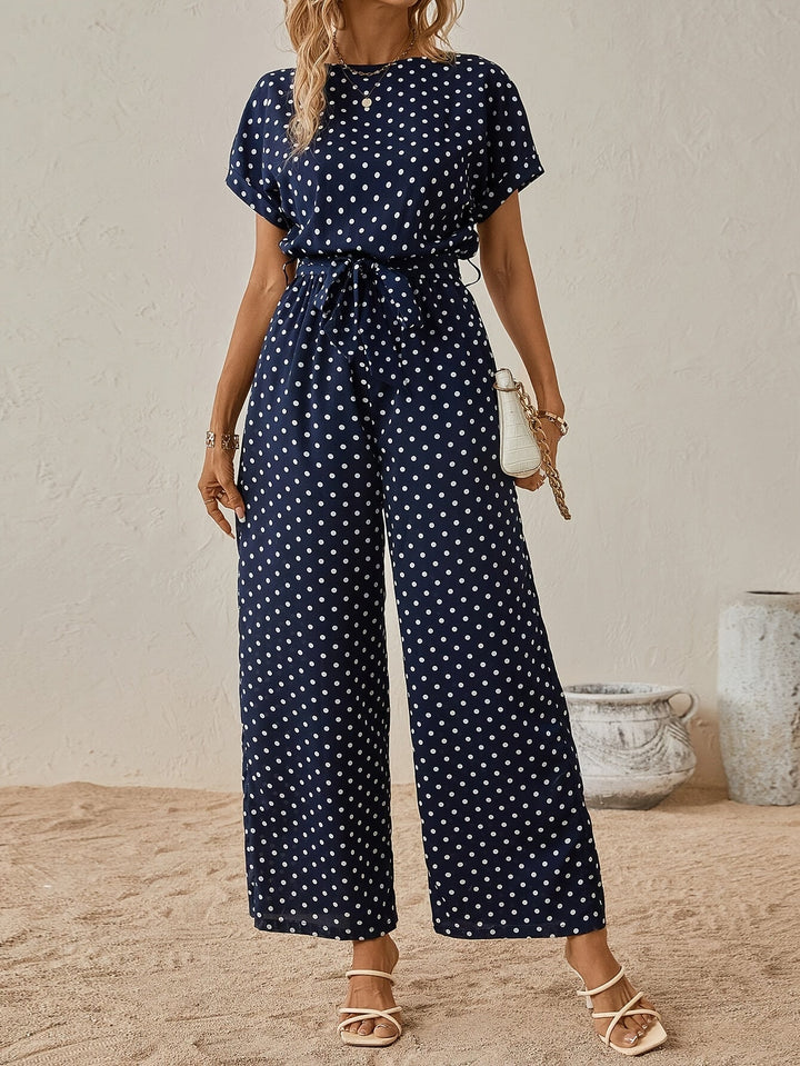 Trendy women's jumpsuit with waistband and polka dot pattern - DotJoy-S-The Livary