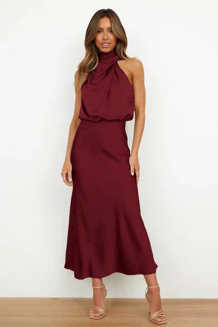 Stylish women's evening dress with a high neck made of satin for summer events – Elina-Red-S-The Livary