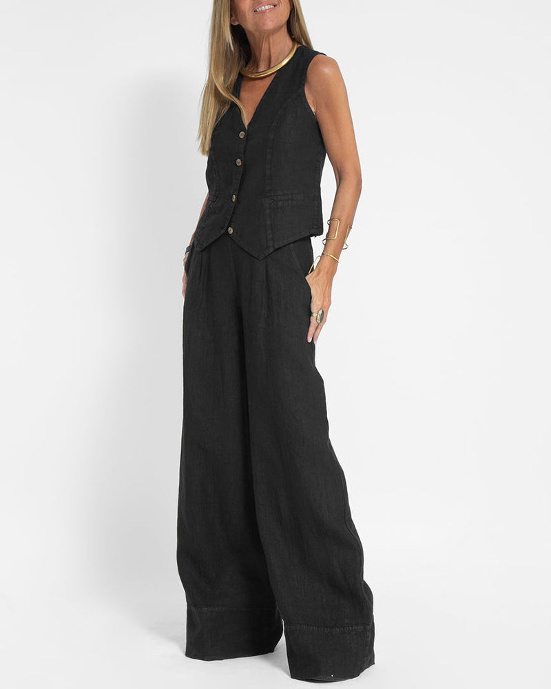 Linen 2-Piece Set with Wide Trousers and Jacket – Alma-Black-S-The Livary