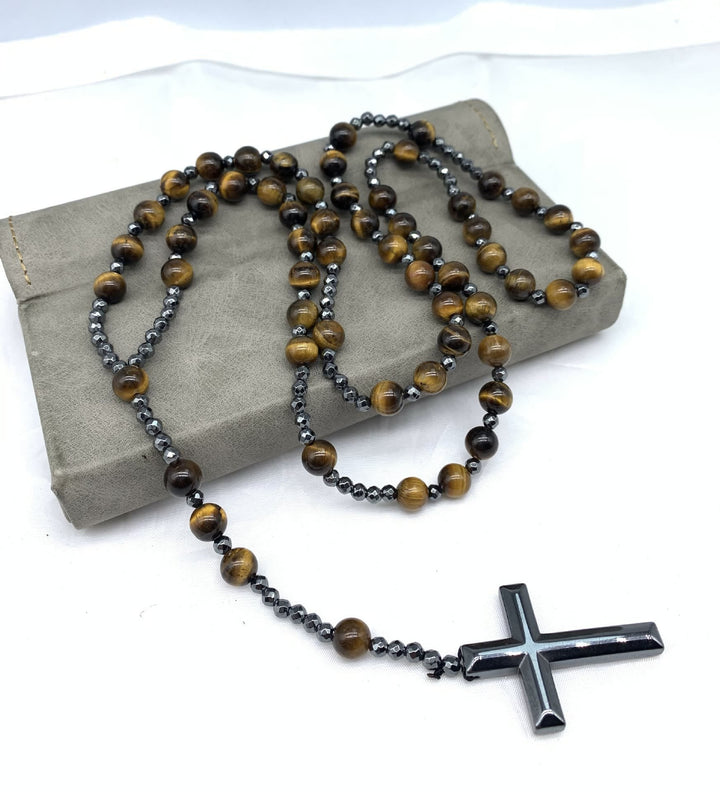 Tiger Eye and Lapis Lazuli Cross Rosary Necklace for Men - Orion-Tiger's eye-The Livary