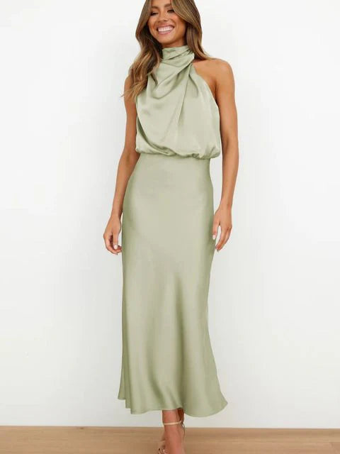 Stylish women's evening dress with a high neck made of satin for summer events – Elina-Light green-S-The Livary