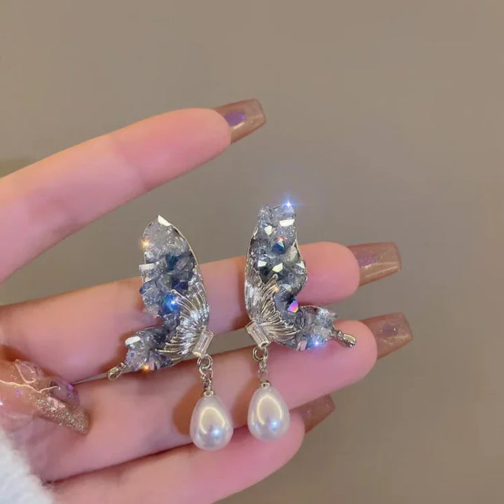 Blue Crystal Butterfly Wing Earrings with Pearl - Liora-The Livary