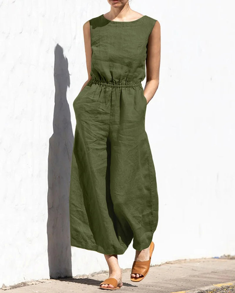 Sleeveless jumpsuit with wide leg – Aurelia-Army green-S-The Livary