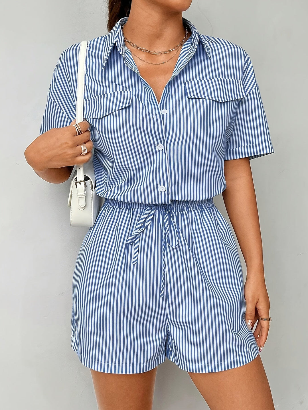 Trendy women's jumpsuit with short sleeves for summer - StripeFresh-S-The Livary