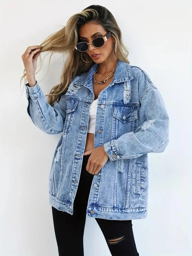 Waterproof & Lined Oversized Women's Denim Jacket with Hood – Talia-Blue-S-The Livary