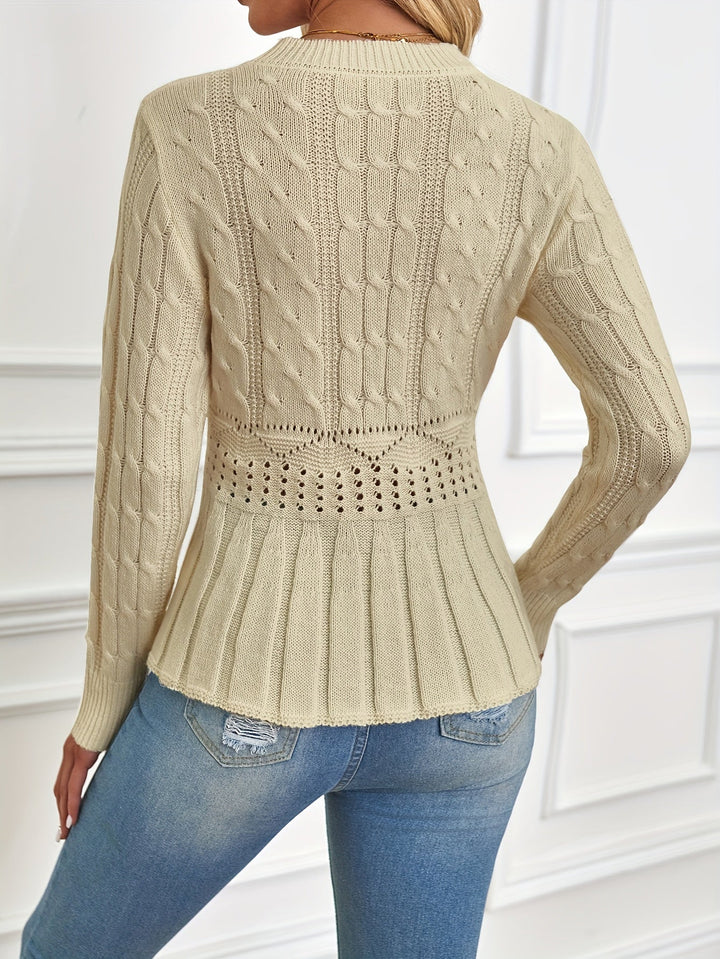 Chunky Cable Knit Sweater with Round Neck - Elena-Beige-S-The Livary