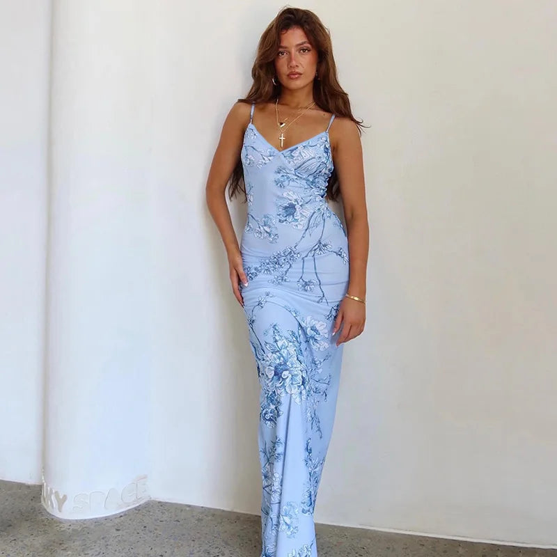 Floral summer maxi dress with V-neck and spaghetti straps - Alina-Blue-S-The Livary
