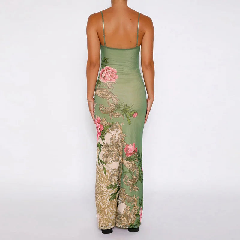 Floral summer maxi dress with V-neck and spaghetti straps - Alina-Blue-S-The Livary