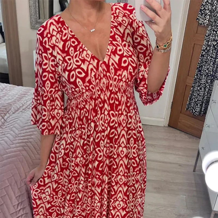 Long Floral Dress with V-neck – Liora-S-Red-The Livary