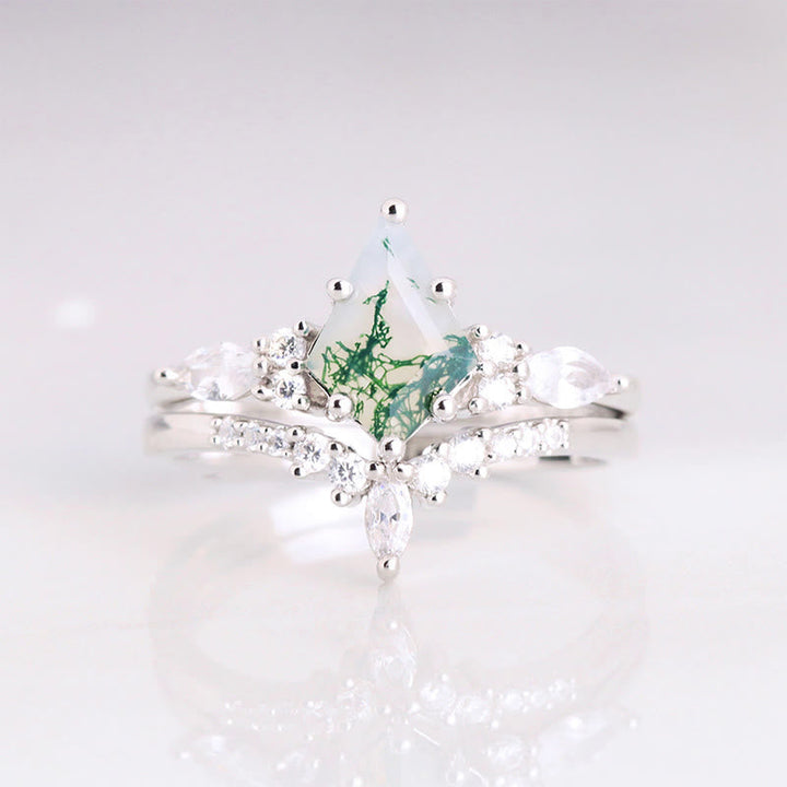 Stylish 2-piece Moss Agate Ring Set - Serenia-Rose gold-1.93 inches-The Livary