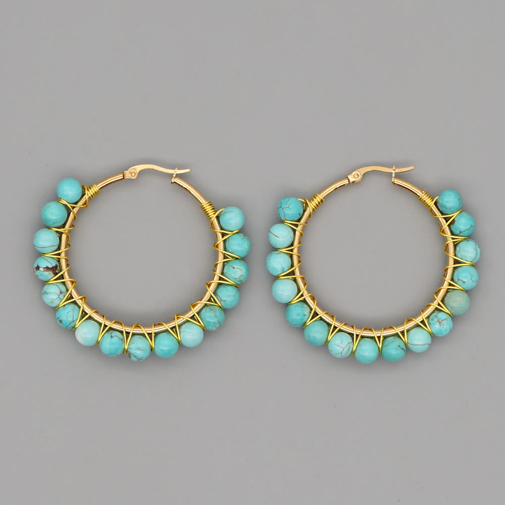 Boho Natural Crystals Large Hoop Earrings - Sanne-Green Turquoise-The Livary