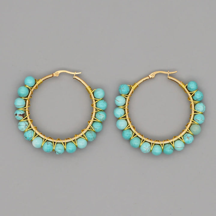 Boho Natural Crystals Large Hoop Earrings - Sanne-Green Turquoise-The Livary