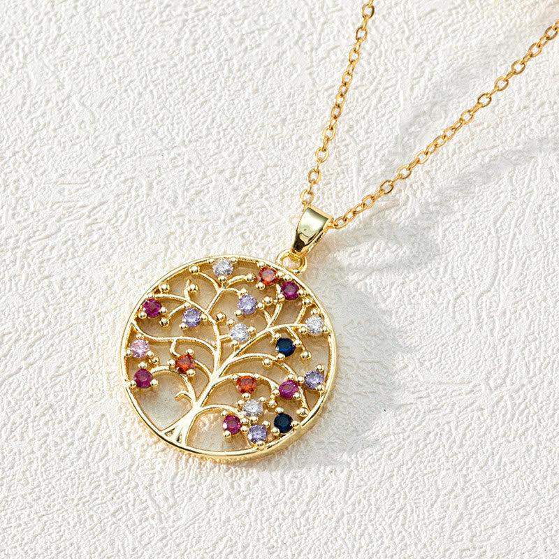 Zirconia Round Hollow Tree of Life Pendant - Necklace - Luna-Round Coloured Zirconia and Tree of Life #2-The Livary