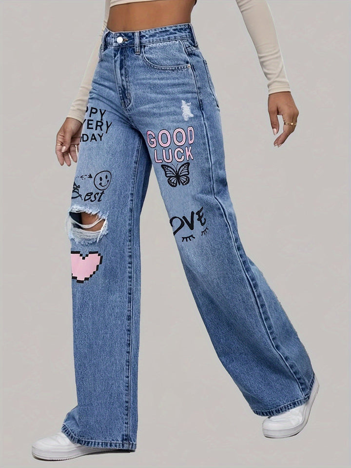 Ladies Jeans with Hearts and Graffiti Print - Lotte-XS-Medium Blue-The Livary