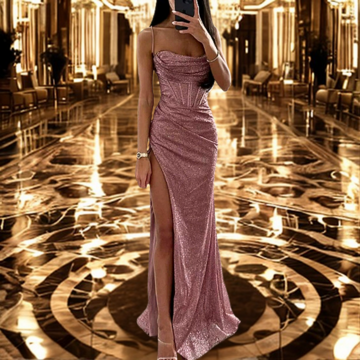 Elegant satin evening dress with sweetheart neckline – Aurora-Pink-S-The Livary