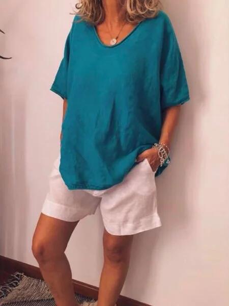 Oversized linen women's T-shirt – Elin-Blue-S-The Livary