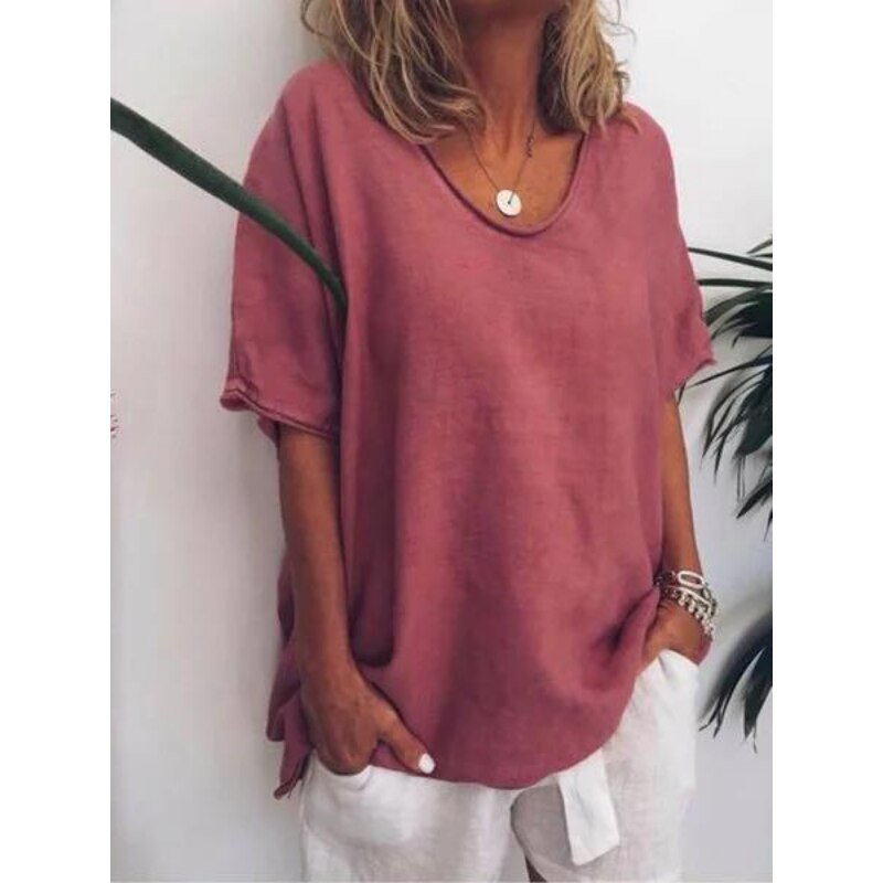 Oversized linen women's T-shirt – Elin-Pink-S-The Livary