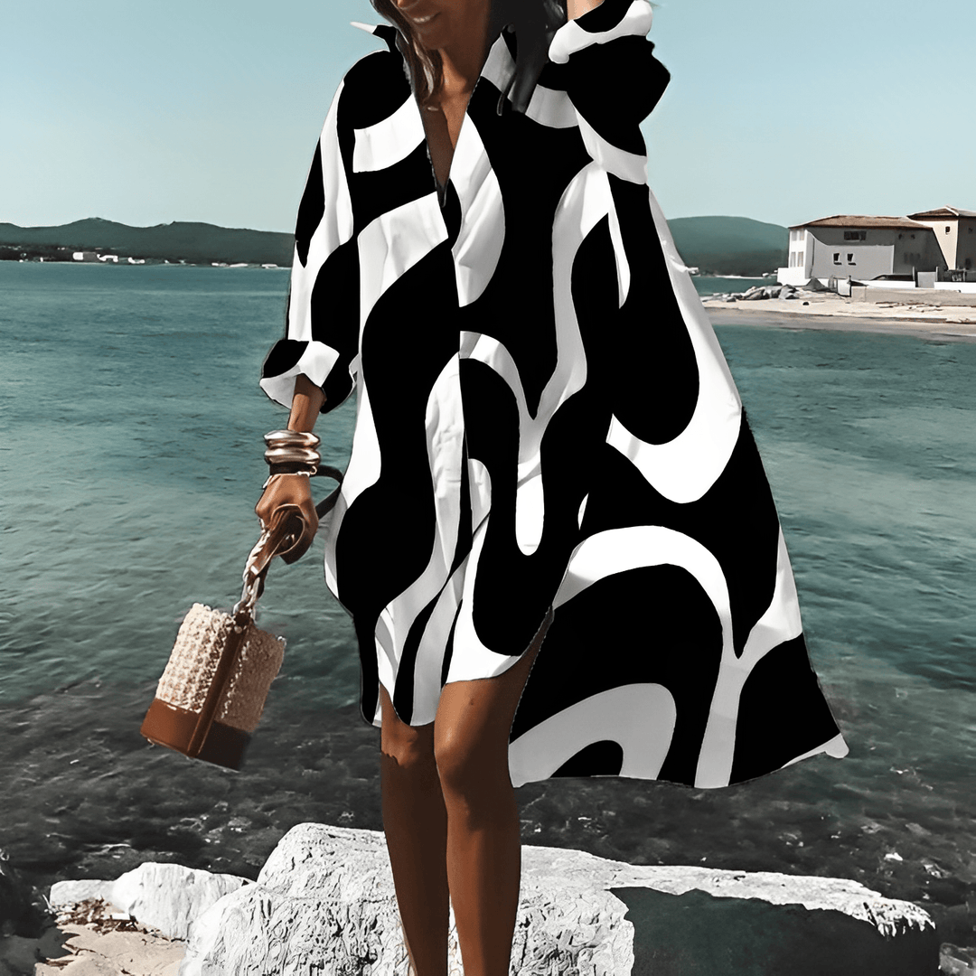 Fashionable Print Midi Dress with Unique Pattern - Mia Belle-Black/White-S-50% DISCOUNT!-The Livary