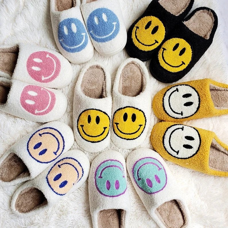 Ladies Slippers - CheerUp-White with yellow smiley-2.5-3.5-The Livary