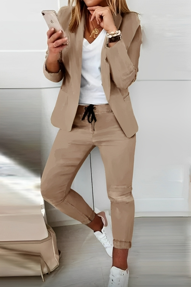 Two-piece women's blazer set for everyday wear & events – Alina-Khaki-S-The Livary