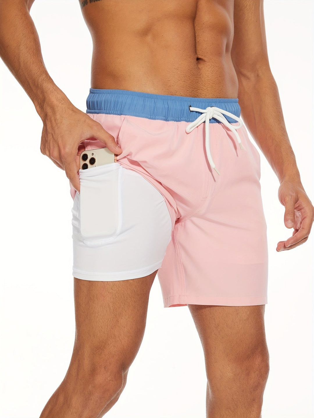 Quick-drying men's swim shorts with stretch & mobile phone pocket – Jonas-Pink colour-S-The Livary
