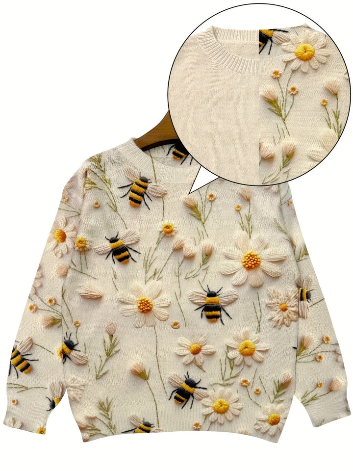Trendy Ladies Sweater with Bee Pattern - Sophie-S-Apricot-The Livary